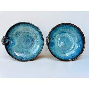 Vintage Studio Pottery Bowl Pair Blue Glaze Signed Handmade